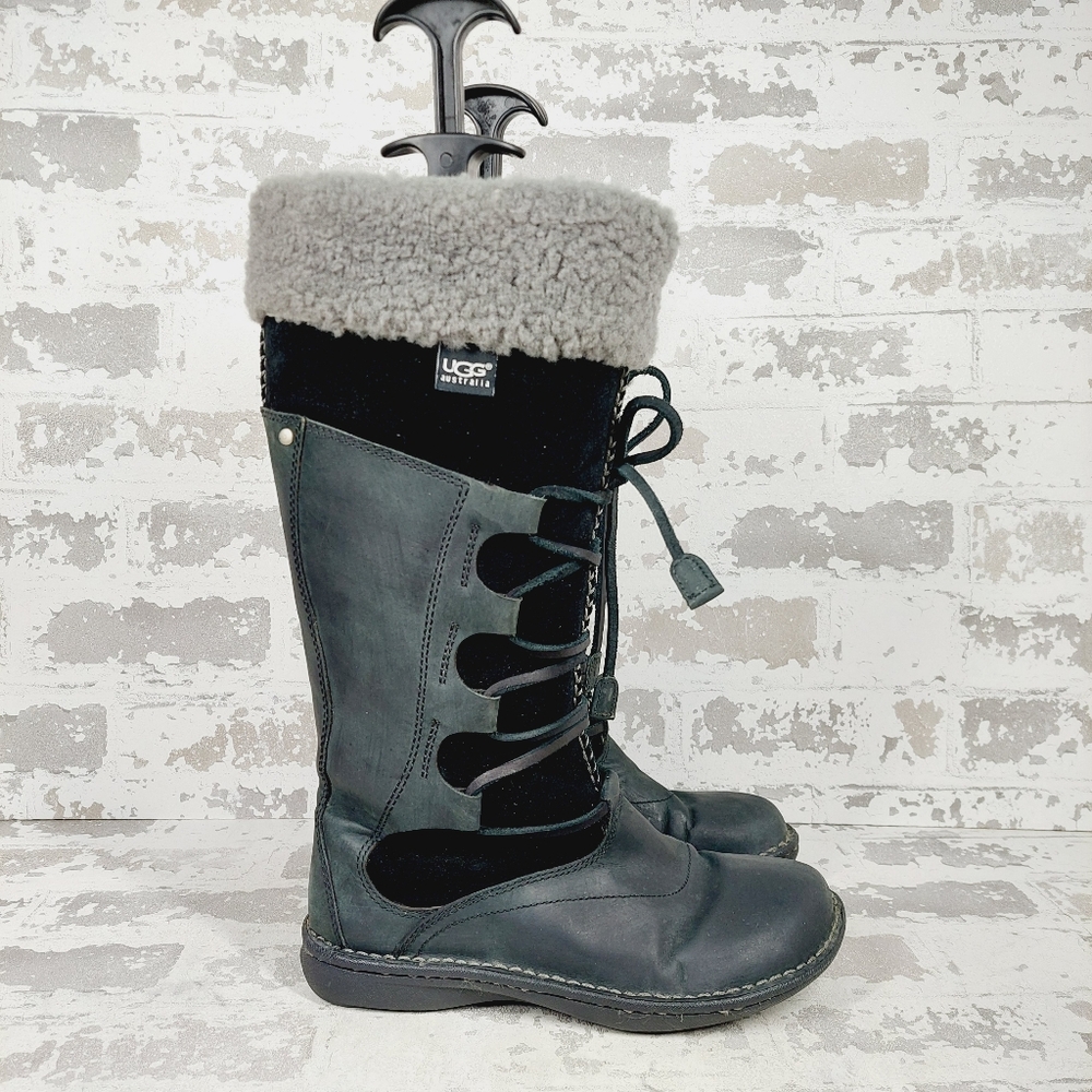 UGG Torrey Black Leather Knit Tall Pull on Winter Snow Boots V704 - Picture 6 of 12
